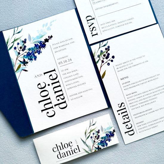 Harewood blue wedding invitation