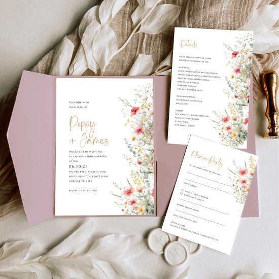 Poppy wild flower pocketfold wedding invitations